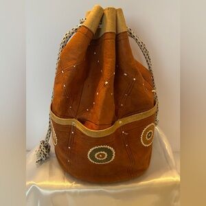 Vintage Artisan Made Kidskin‎ Leather Southwestern Drawstring Bucket Bag Purse